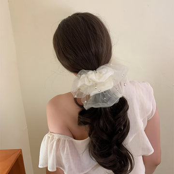 Oversized Tulle Mesh Pearl Scrunchies Five Color Styles