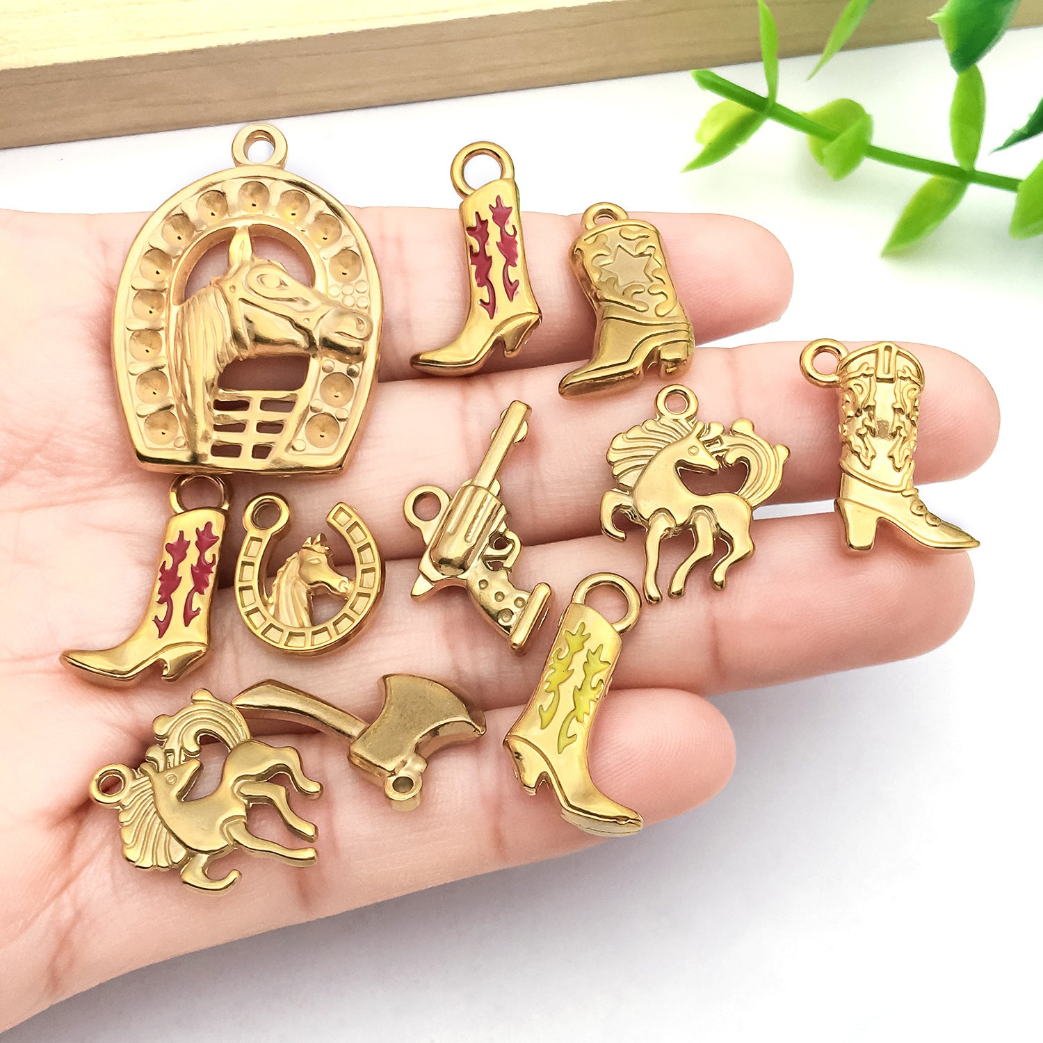 Enamel Stainless Steel Cowboy Hat Boot Cactus Gun Charm Pendant for DIY Necklace Jewelry