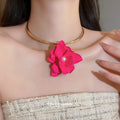 Gold Tone Vivid Pink Flower Statement Collar Necklace view 3