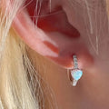 Silver Tone Heart Opal Huggie Hoop Earrings Clear Side Stones view 3