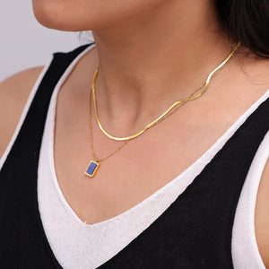 Gold Herringbone Chain And Blue Lapis Lazuli Pendant Necklace