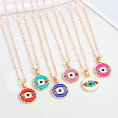 Main product view of gold Tone Round Enamel Evil Eye Chain Pendant Necklaces in Four Colors