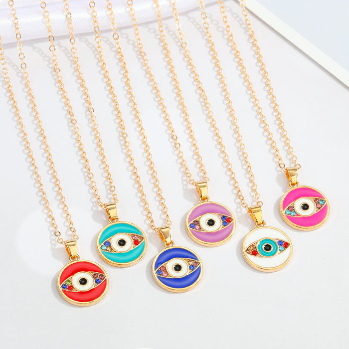 Gold Tone Round Enamel Evil Eye Chain Pendant Necklaces in Four Colors