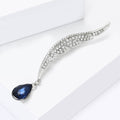 Silver Rhinestone Feather Brooch Blue Teardrop Pendant view 3