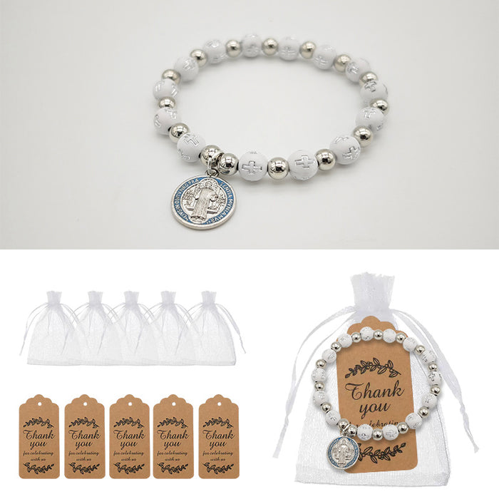 White Cross Bead Stretch Bracelet Saint Benedict Medal