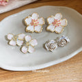 Petal Flower Stud Earrings in Pink White and Silver Tone Designs view 3