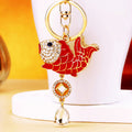 Red Jeweled Koi Fish Keychain with Crystal Drop and Gold Tone Hardware view 1