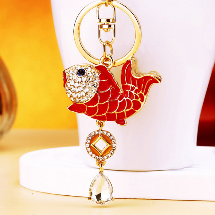 Red Jeweled Koi Fish Keychain with Crystal Drop and Gold Tone Hardware