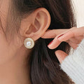Gold Pearl Sunburst Stud Earrings Clear CZ Beaded Halo Pair view 3