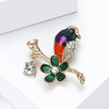 Enamel Bird on Branch Brooch Green Flower Rhinestone Dangle view 3