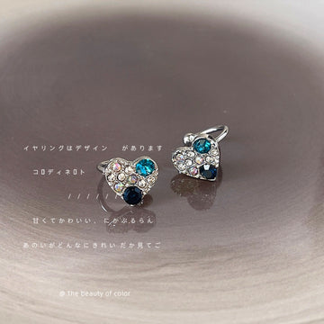 Silver Heart Crystal Ear Cuff Teal Black Zircon Accents