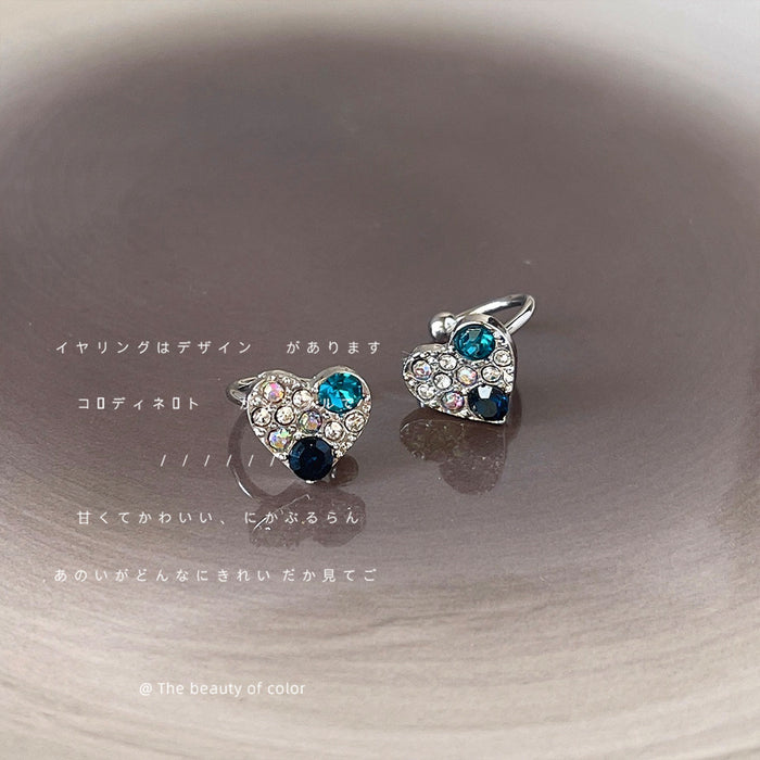Silver Heart Crystal Ear Cuff Teal Black Zircon Accents