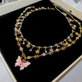 Gold Double Layer Pink Butterfly Pearl Crystal Charm Necklace view 6