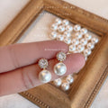 Gold Tone Clear Halo White Pearl Drop Stud Earrings view 3