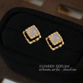 Gold Tone Scalloped Square Geometric Milky Stone Stud Earrings view 6