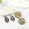 Silver Tone Wood and Resin Mosaic Long Wire Drop Earrings view 1