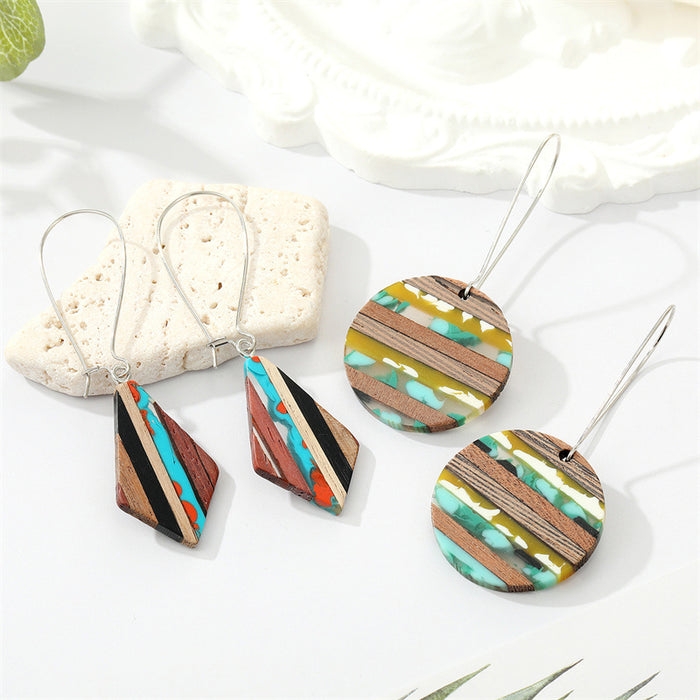 Silver Tone Wood and Resin Mosaic Long Wire Drop Earrings