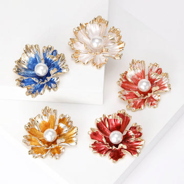 Gold Edge Enamel Peony Flower Pearl Brooch Five Colors