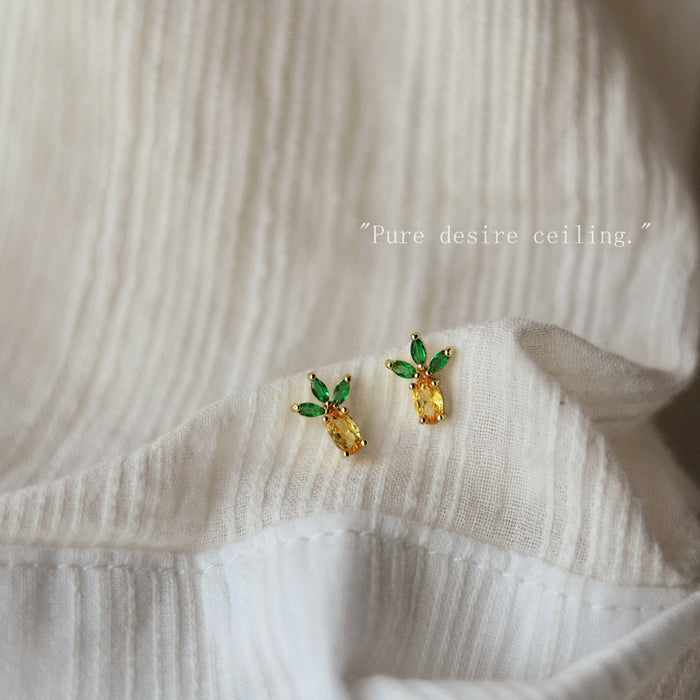 Mini Pineapple Crystal Stud Earrings Yellow Green Gold Tone