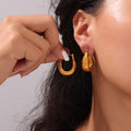 U Shape Chunky Hoop Earrings Mesh Lattice Sides Gold Steel view 1