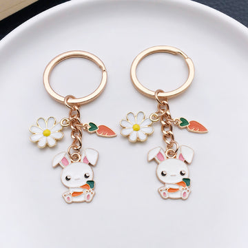 Two-Style White Easter Bunny Carrot and Daisy Charm Keychain