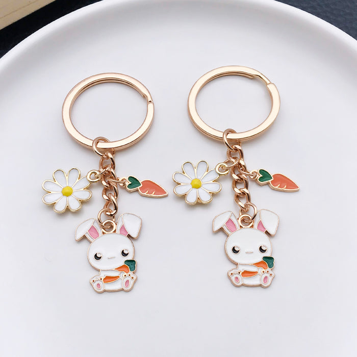Two-Style White Easter Bunny Carrot and Daisy Charm Keychain