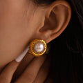 Imitation Pearl Stud Earrings Ribbed Metal Shell Gold Steel Tone view 3