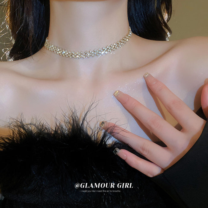 Rhinestone Zigzag Link Choker Necklace Gold Silver Two Styles