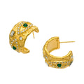 Textured C Hoop Earrings Green Stones Clear Crystals view 5
