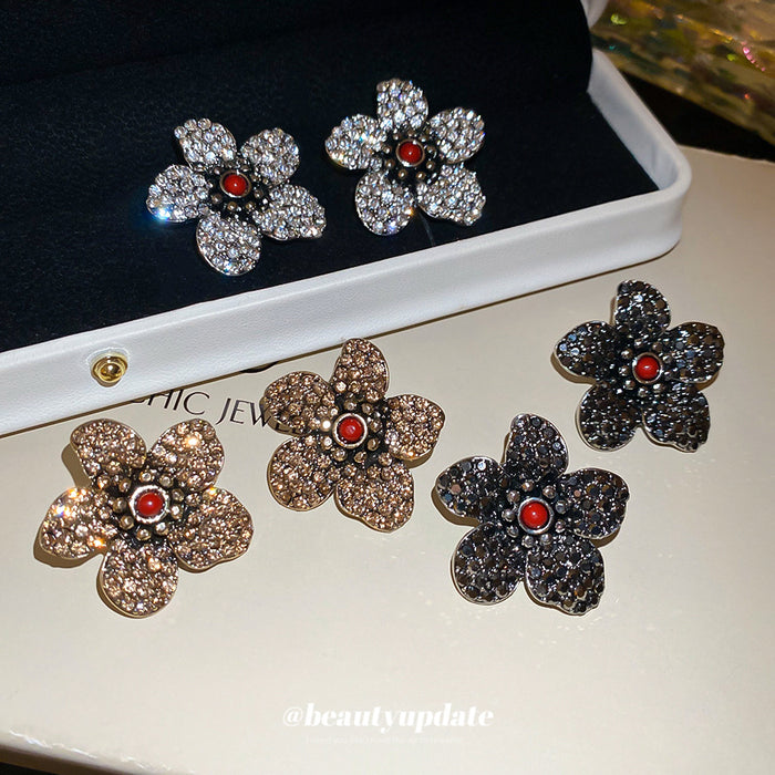 Crystal Flower Stud Earrings In Brown And Silver Tones