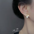 Gold-Tone Pavé Bow Pearl and Baguette CZ Stud Earrings view 2
