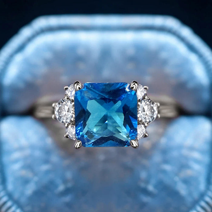 Blue Square CZ Side Stone Ring Three Tones Sizes 6-10
