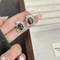 Gold and Silver Brown Oval Sunburst Statement Stud Earrings view 7