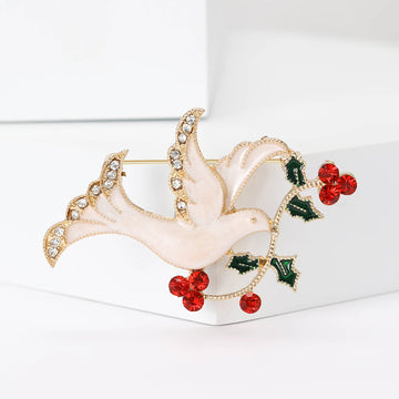 Shell Effect White Dove Brooch With Holly and Red Berries