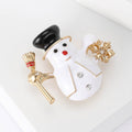 White Enamel Snowman Brooch Black Hat Gold Snowflake view 3