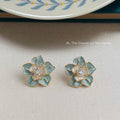 Mint Enamel Camellia Flower Stud Earrings Gold Rim CZ view 1