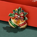 Enamel Christmas Jingle Bells Brooch Red Green Gold Bow Pin view 2