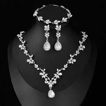 Black Silver Tone Crystal Floral Branch Metal Necklace and Earring Set