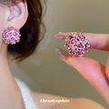 Pink Rose Cluster Stud Earrings with Crystal Accents view 2