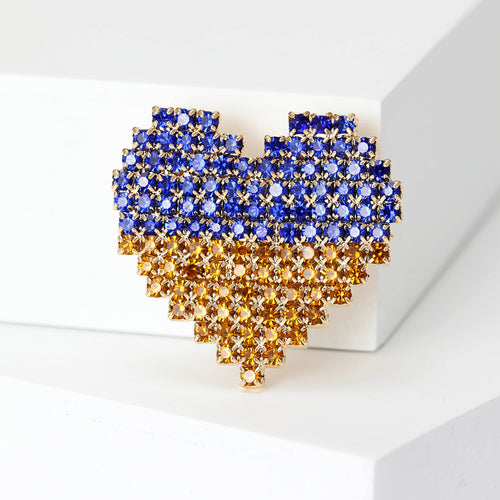 Blue and Yellow Crystal Pixel Heart Brooch angled front view