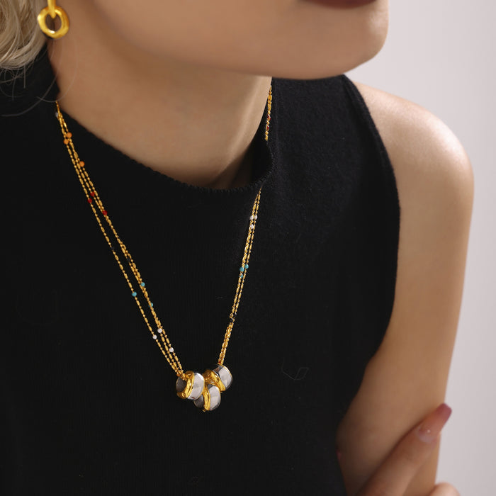 Two-Tone Brushed Barrel Pendant Seed Bead Layer Necklace