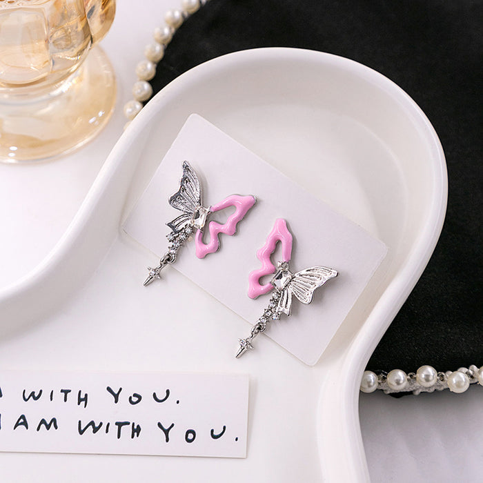 Pink Enamel Silver Butterfly Stud Earrings Star Crystal Dangles