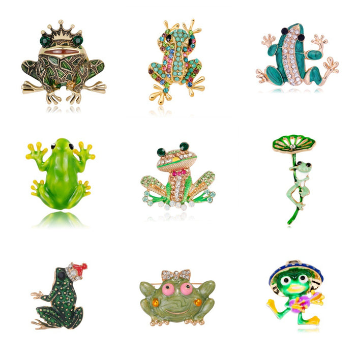 Green Gold Tone Frog Crystal Enamel Twelve Designs Metal Brooch Pin