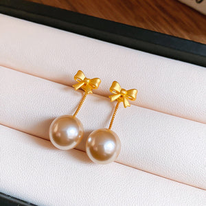 Gold Tone Bow Stud Earrings with Round Pearl Look Drops