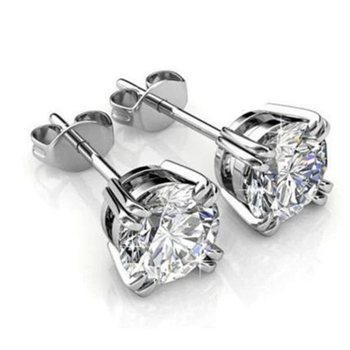 Silver Tone Six Prong Round Clear Stone Solitaire Stud Earrings