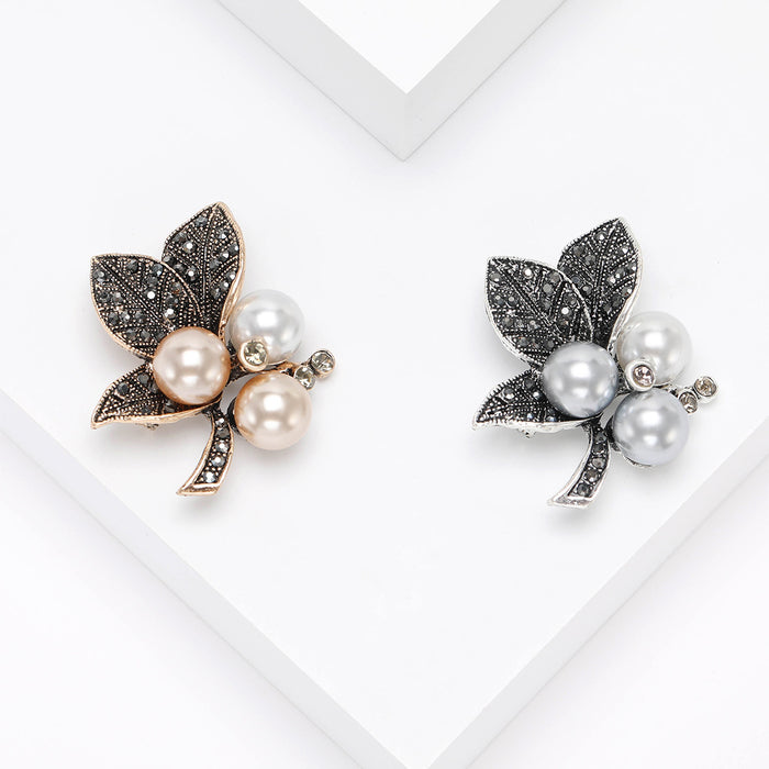 Antique Leaf Brooch With Pearl-Like Cluster in Two Finishes