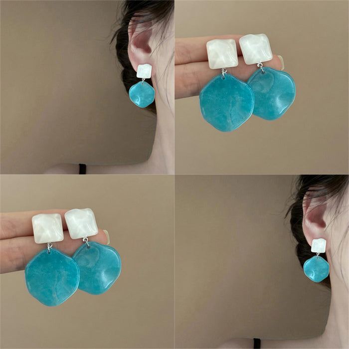White Square and Marbled Disc Drop Stud Earrings With Metal Details