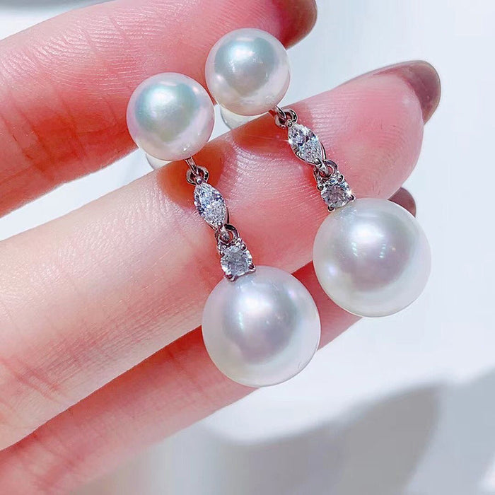 Silver Double Pearl Drop Earrings with CZ Connectors
