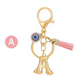 Gold Tone Initial Letter Keychain with Evil Eye and Pink Tassel view 6