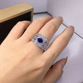 Blue Oval Center Triple-Row Three-Ring Set In Silver Tone view 2